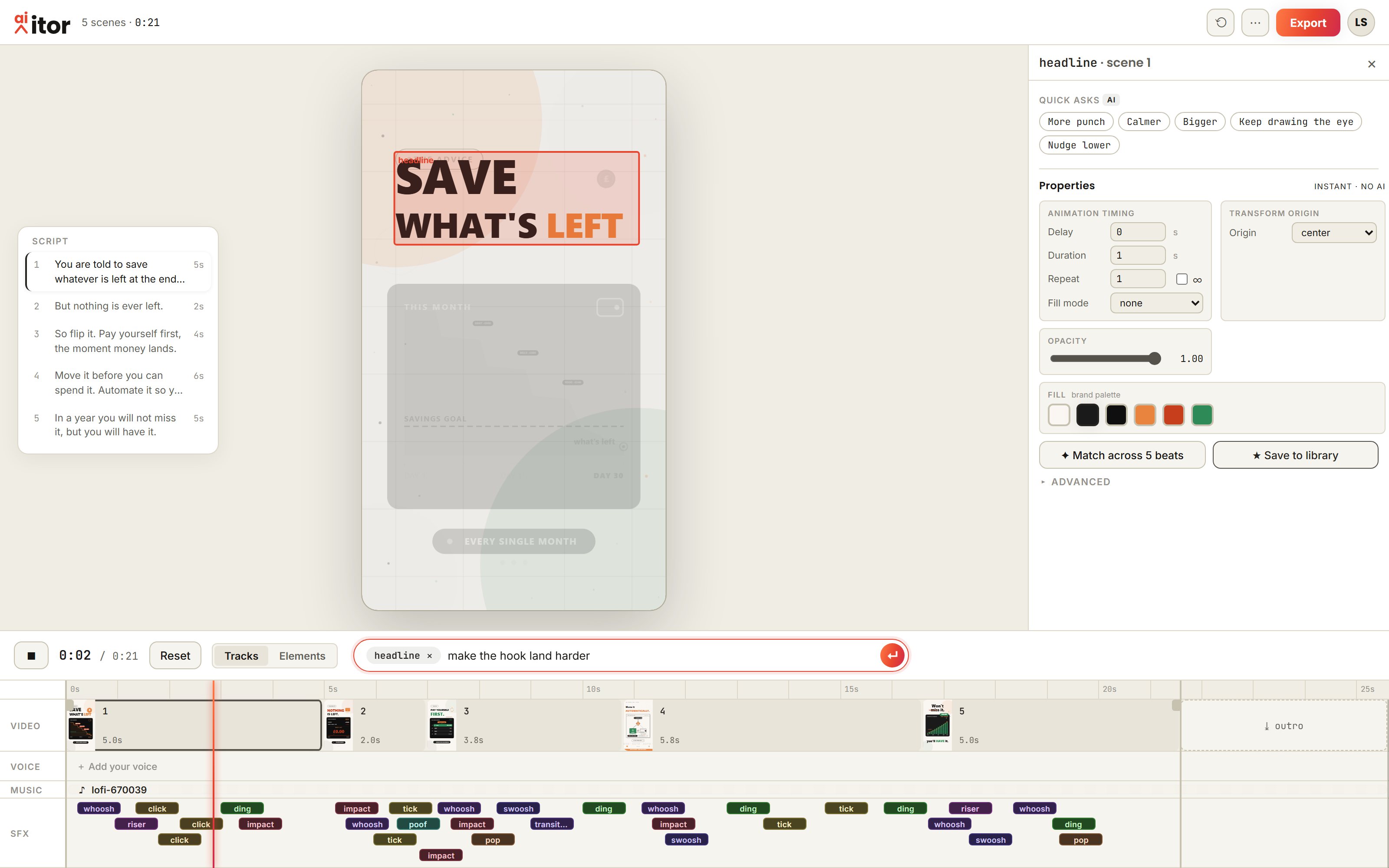 The ai-itor studio: the stop-saving video open, its headline element selected, an instruction scoped to it, and the finished sound design on the timeline